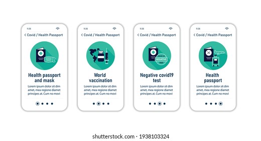Health passport onboarding mobile app screens.Information about health status. Covid passport collections.Vaccination card steps menu. Set of UI, UX, web template with RGB color linear icons
