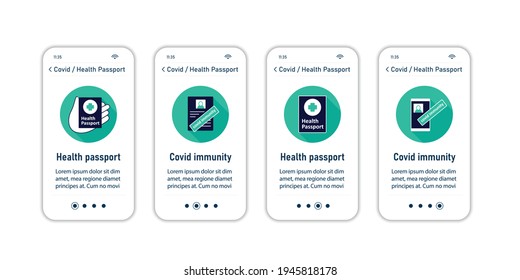 Health passport onboarding mobile app screens.Information about health status. Covid passport collections.Vaccination card steps menu. Set of UI, UX, web template with RGB color linear icons