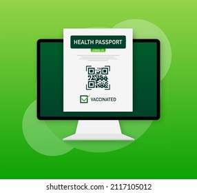Health passport qr code in linear style on green background. Coronavirus vaccination. Vaccine certificate card