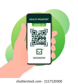 Health passport qr code in linear style on green background. Coronavirus vaccination. Vaccine certificate card