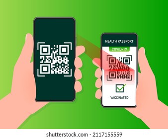 Código qr del pasaporte de salud en estilo lineal sobre fondo verde. Vacunación de coronavirus. Tarjeta de certificado de vacuna