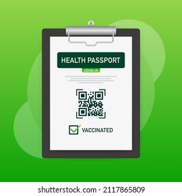 Health passport qr code in linear style on green background. Coronavirus vaccination. Vaccine certificate card