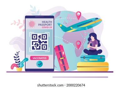 Health passport with qr code on phone screen. Girl uses digital vaccine confirmation certificate to travel. Safe travelling during coronavirus pandemic. App with status vaccinated. Vector illustration