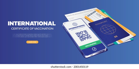 Pasaporte de salud con código QR en la pantalla del smartphone Passport con billete de embarque El avión despegó. Viajar a nuevos requisitos Covid-19 prevención de la atención de la salud ilustración de vectores