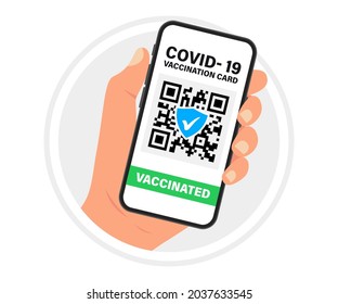 Health passport with qr code on smartphone screen. Hand holding smartphone with vaccination certificate. Concept of travel during the COVID-19 outbreak. The vaccinated person using Apps with QR code