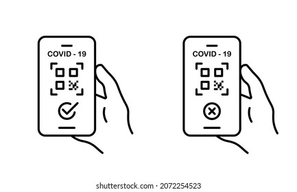 Health Passport with QR Code on Mobile Phone. Valid and Not Valid Health Passport in Smartphone Line Icon. Checked Passport Certificate of Covid 19 Pandemic Outline Icon. Isolated Vector Illustration.