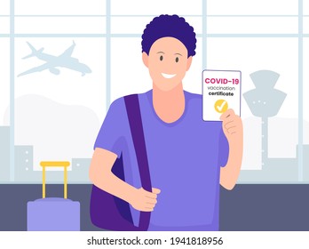 Health passport of vaccination, vaccination certificate, COVID  19 document. Check in airport. Flat design vector illustration