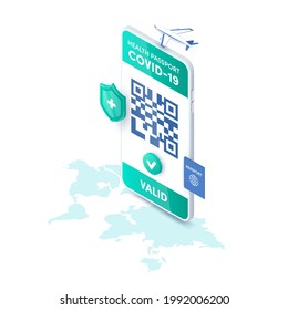 Health Passport Valid QR code on smartphone screen vector isometric concept. 3D Electronic Covid-19 Vaccination immune certificate for safe travel on mobile phone. Coronavirus pass application.