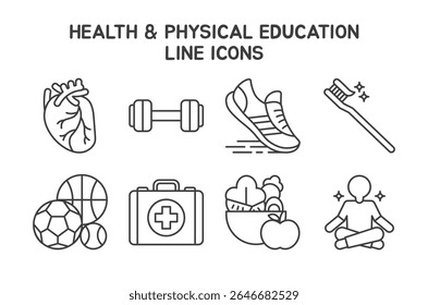 Conjunto de ícones de Educação Física e Saúde com 8 ícones de linha editáveis em um mínimo. Ideal para uso em educação em saúde, aplicativos de fitness, materiais escolares para educação física, infográficos de bem-estar e conteúdo de estilo de vida.