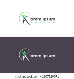 health and physical wellness business vector Logo template with jumping human and letter M incorporated. healthy people symbol