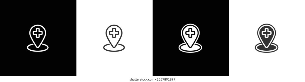 Health place location icon. Pharmacy icons, medicine, healthcare, community service icons, Medicine and Health Services in flat and linear shapes on black, white and transparent backgrounds.