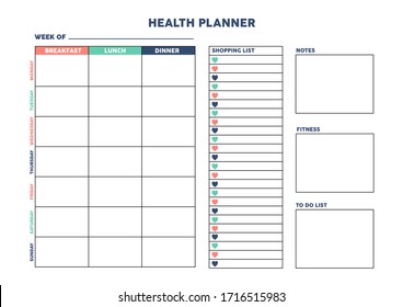 Health planner for diary, organiser, notebook. Printable A4 planner. Vector Illustration. 