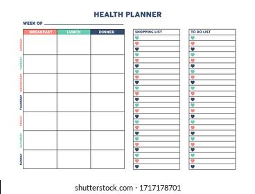 Health planner for diary, organiser, notebook. Printable A4 planner. Vector Illustration. 