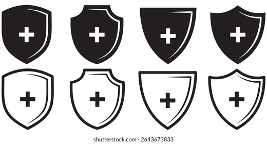 Estilo de vetor de ícone do Health plus. Ícone de seguro de saúde, Saúde de seguro, escudo de proteção da saúde médica com ícones de conjunto cruzado, medicina de saúde protegido escudo protetor conceito, ícone de segurança.