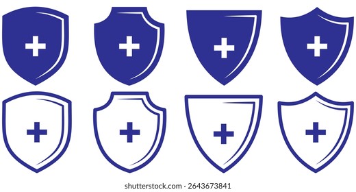 Estilo de vetor de ícone do Health plus. Ícone de seguro de saúde, Saúde de seguro, escudo de proteção da saúde médica com ícones de conjunto cruzado, medicina de saúde protegido escudo protetor conceito, ícone de segurança.