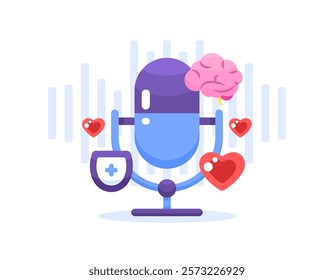 health podcast concept. chat room. program that discusses mental health issues. communication and entertainment. illustration of microphone with brain, shield, and heart. flat style design. elements