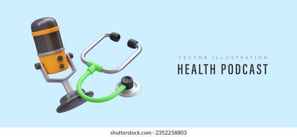 Health podcast. Discussion of problems, diagnoses, answers to patients questions. Horizontal banner in cartoon style. Concept on blue background, place for text