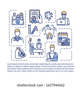 Health policy concept icon with text. Medical and dental insurance. Injury recovery. Clinic, hospital. PPT page vector template. Brochure, magazine, booklet design element with linear illustrations