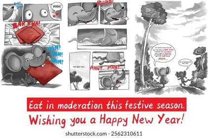 A health poster designed in comic form to advise eating in moderation during the festive season, featuring two rats and bak kwa (Chinese barbecued dried meat).