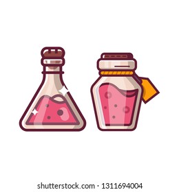 Health potion magic bottles fantasy RPG hero item icon. Alchemy magic beverage elixir or poison. Gaming assets design element isolated on white background.