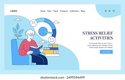 Health Prevention concept. An individual relaxing with a book achieves stress relief with a mood meter turning to happiness. Wellness at home. Vector illustration.