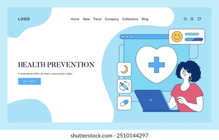 Health prevention concept. A woman interacts with a healthcare website displaying wellness icons. Medical information accessibility online. Vector illustration.