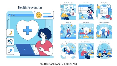 Health Prevention set. Diverse aspects of maintaining wellness, from check-ups to fitness routines. Includes vaccination, diet, and stress management. Vector illustration.