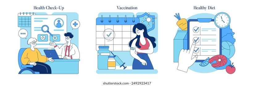 Health Prevention set. Regular medical check-up, vaccination scheduling, and maintaining a healthy diet. Essential aspects of proactive healthcare management. Vector illustration.