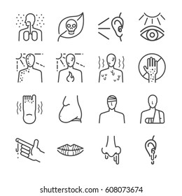 Health Problem And Disease Line Icon Set. Included The Icons As Heatstroke, Fat, Poisonous, Allergic, Broken, Bleeding And More.