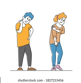 Health Problem, Disease Symptoms and Unhealthy Body Sickness Concept. Couple of Male and Female Characters Feeling Strong Pain in Neck and Shoulder, Trauma, Hurt. Linear People Vector Illustration