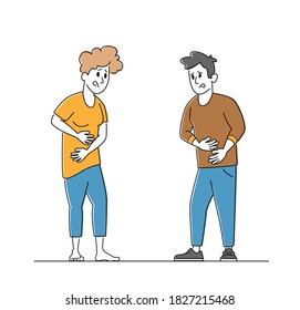 Health Problem, Stomach Disease Symptoms. Couple of Male and Female Characters Feeling Strong Abdominal Pain. Man and Woman Touch Belly, Unhealthy Body Sickness. Linear People Vector Illustration
