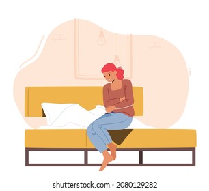 Health Problem, Stomach Disease Symptoms. Female Character Feeling Strong Abdominal Pain. Woman Touch Belly Sitting on Bed, Unhealthy Body Sickness. Cartoon People Vector Illustration