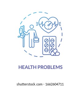 Health problems blue concept icon. Ill patient. Prescripted medication. Heart problems. Stress from work. Burnout repercussion idea thin line illustration. Vector isolated outline RGB color drawing