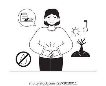 Health problems caused by fast food, polluted environment, and natural disasters, outline style, black and white, social issues vector illustration.