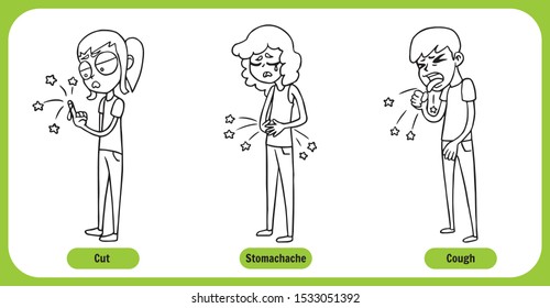Health Problems chart, cartoon human characters black and white for coloring book