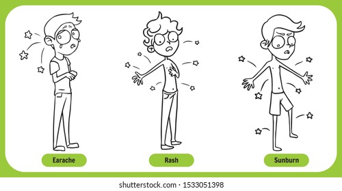 Health Problems chart, cartoon human characters black and white for coloring book