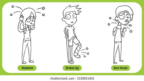 Health Problems chart, cartoon human characters black and white for coloring book