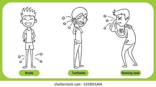 Health Problems chart, cartoon human characters black and white for coloring book