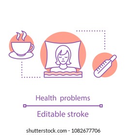 Health problems concept icon. Bed rest. Cold or flu idea thin line illustration. Vector isolated outline drawing. Editable stroke