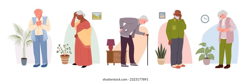 Health problems of elderly set vector illustration. Cartoon infographic medical collection with isolated old man and woman suffering from chest and head pain, holding belly and back with hands