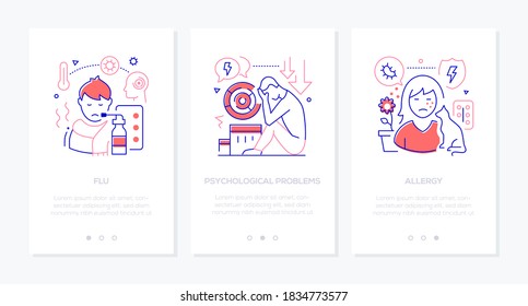 Health problems line design style web banners with copy space for text. Medical consultation, diagnostics idea. Flu, allergy, psychological issues illustrations. Allergens, boy having a cold images