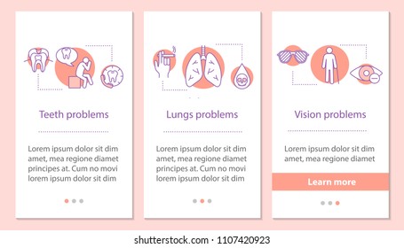 Health problems onboarding mobile app page screen with linear concepts. Teeth, lungs, vision problems steps graphic instructions. UX, UI, GUI vector template with illustrations