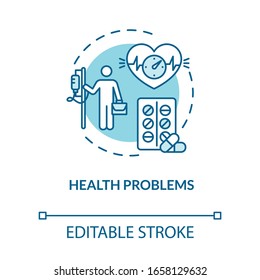 Health problems turquoise concept icon. Heart problems. Hospital checkup. Burnout repercussion idea thin line illustration. Vector isolated outline RGB color drawing. Editable stroke