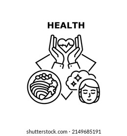 Vektor-Vektorgrafik-Konzept des Gesundheitsverfahrens Essen gesunder diätetischer Nahrungsmittel und Schlafen gesundheitliche Verfahren für Immun-und Wellness. Essen Sie die Ernährung der Gesundheitsversorgung und erholen Sie sich in der nächtschwarzen Illustration