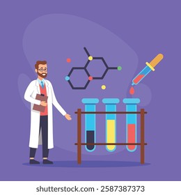 Health professional in lab coat explaining experiments with colorful test tubes and pipette. Chemical structures in background. Research activities concept