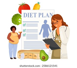 A health professional reviews a diet plan with a patient while fruits and vegetables are displayed. They discuss nutritious options for effective weight management