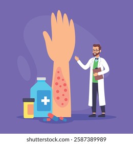 Health professional standing beside large arm illustration showing skin condition. Nearby, various medication bottles displayed. Treatment options concept