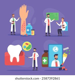 Health professionals engaged in various activities including showing patient rash, discussing treatment options and dental care. Patient care and education concept