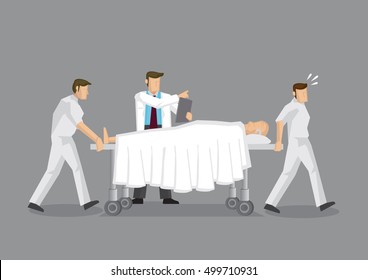 Health Professionals transporting elderly patient on mobile hospital bed with doctor directing at the side. Cartoon vector illustration on health and medical emergency department service.