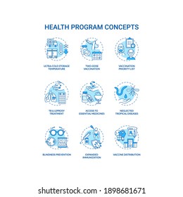 Health program concept icons set. Health programs principles. Covid vaccination. Vaccine logistic idea thin line RGB color illustrations. Vector isolated outline drawings. Editable stroke